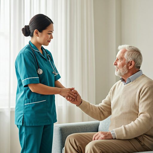 Nurse holding hands with an elderly patient at home