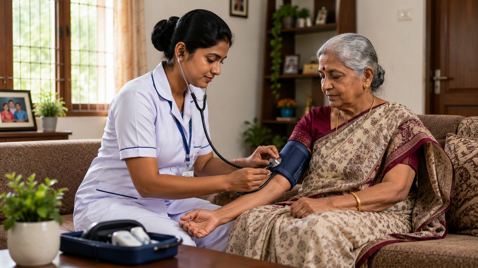 Nurse checking an elderly woman's blood pressure at home