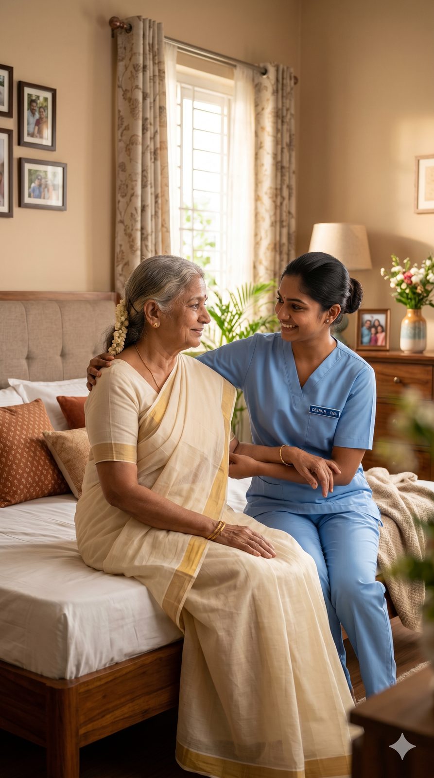 Caregiver supporting an elderly woman